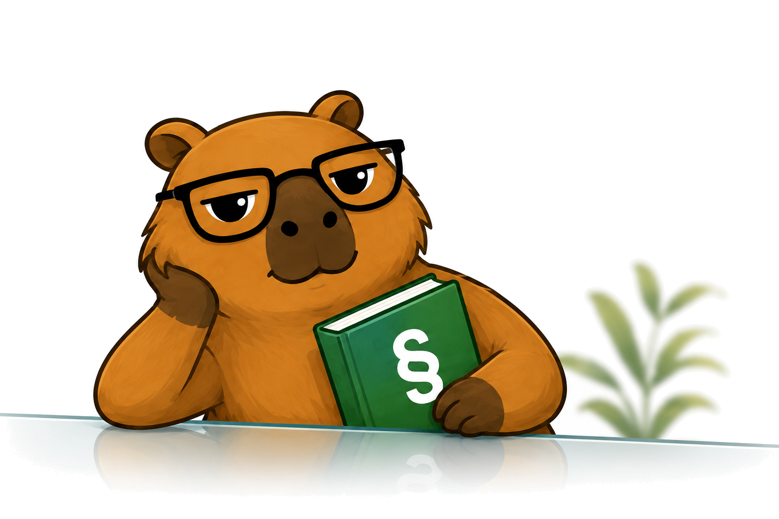 Taxybara lehnt mit einem Gesetzbuch entspannt an einer Glasfläche