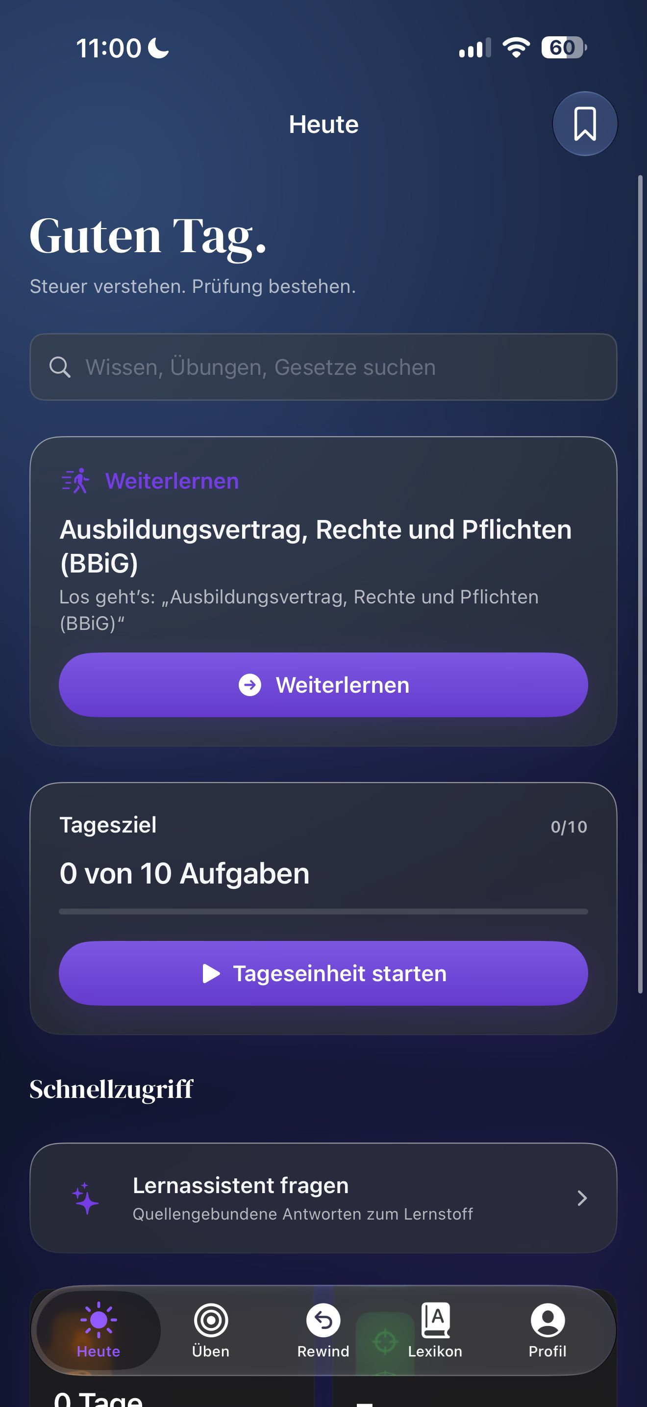 App-Ansicht „Heute“: Tagesziel mit zehn Aufgaben, Schnellzugriff auf den Lernassistenten und Lernserie