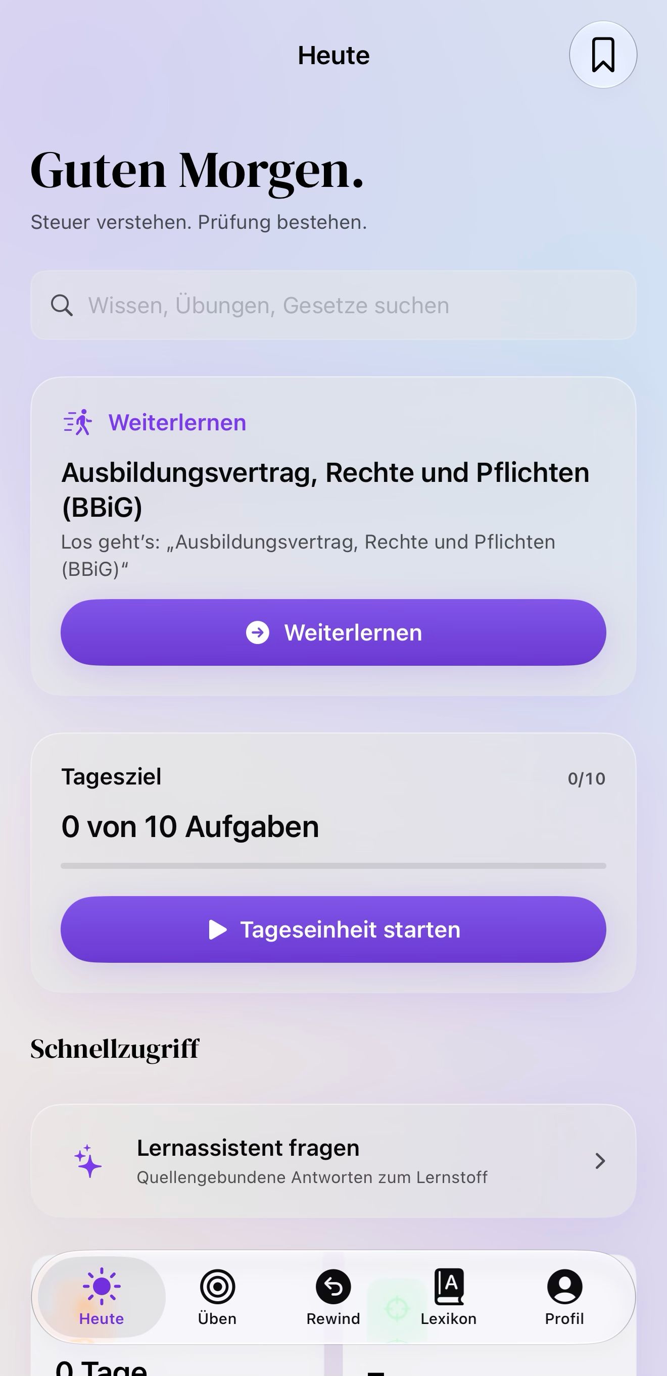App-Ansicht „Heute“: Tagesziel mit zehn Aufgaben, Schnellzugriff auf den Lernassistenten und Lernserie