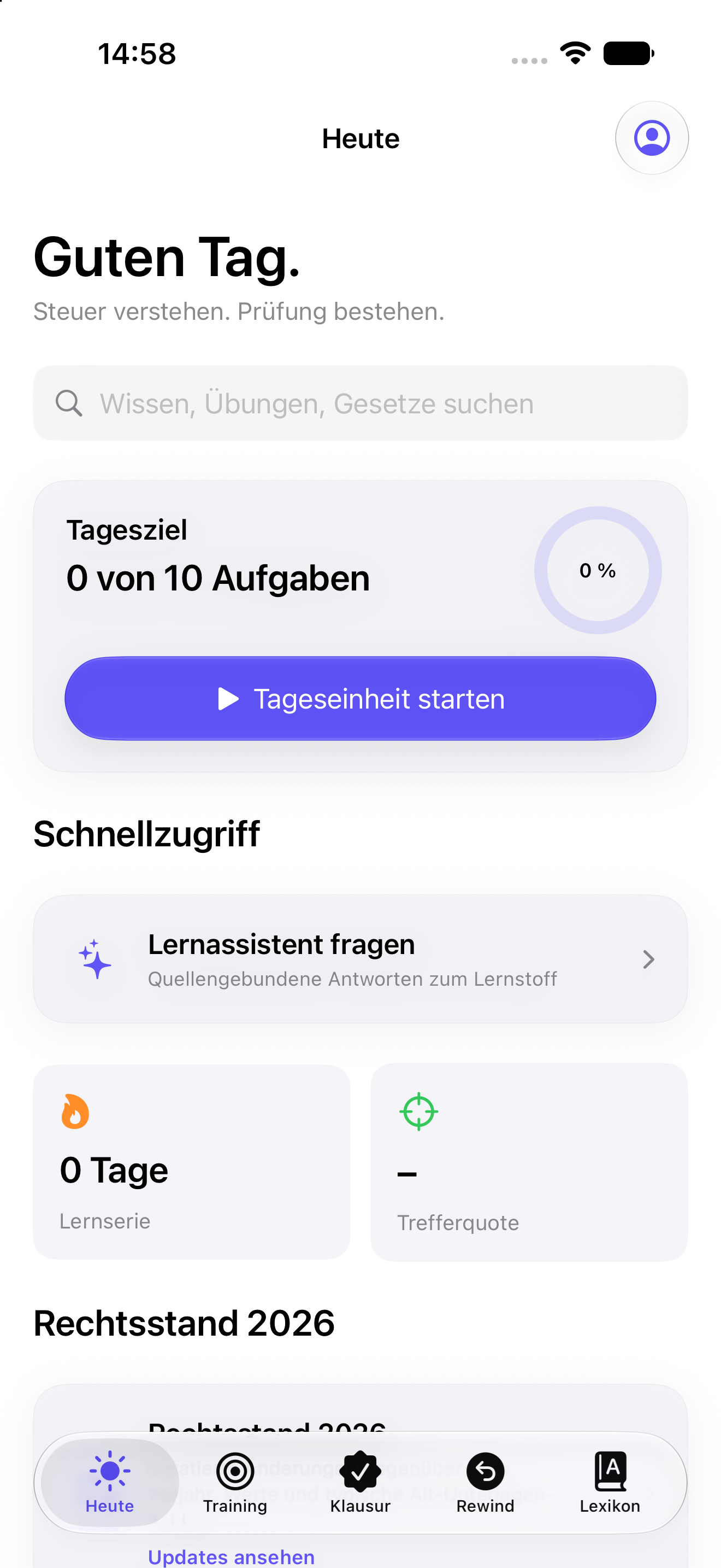 App-Ansicht „Heute“: Tagesziel mit zehn Aufgaben, Schnellzugriff auf den Lernassistenten und Lernserie
