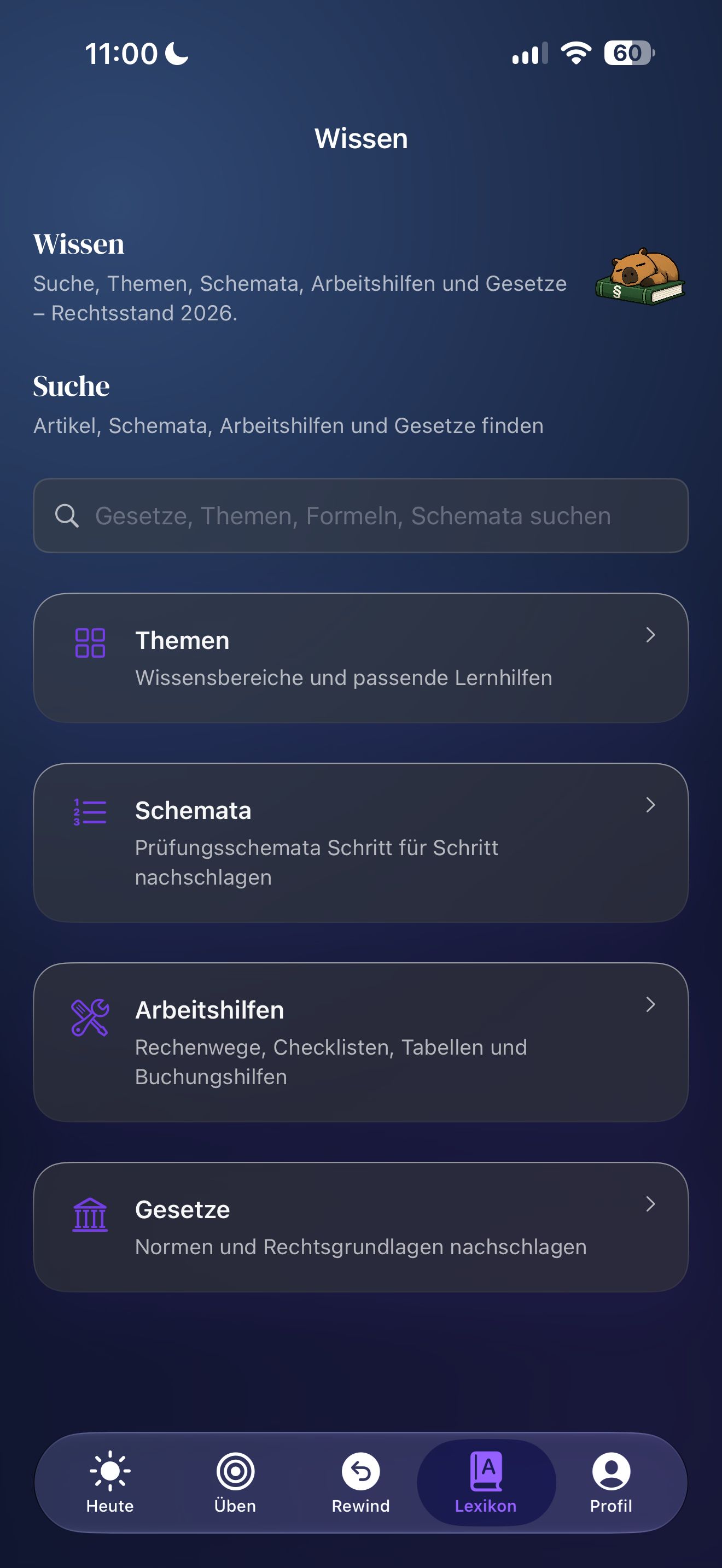 App-Ansicht „Wissen“: Suche sowie Themen, Schemata, Arbeitshilfen und Gesetze zum Rechtsstand 2026