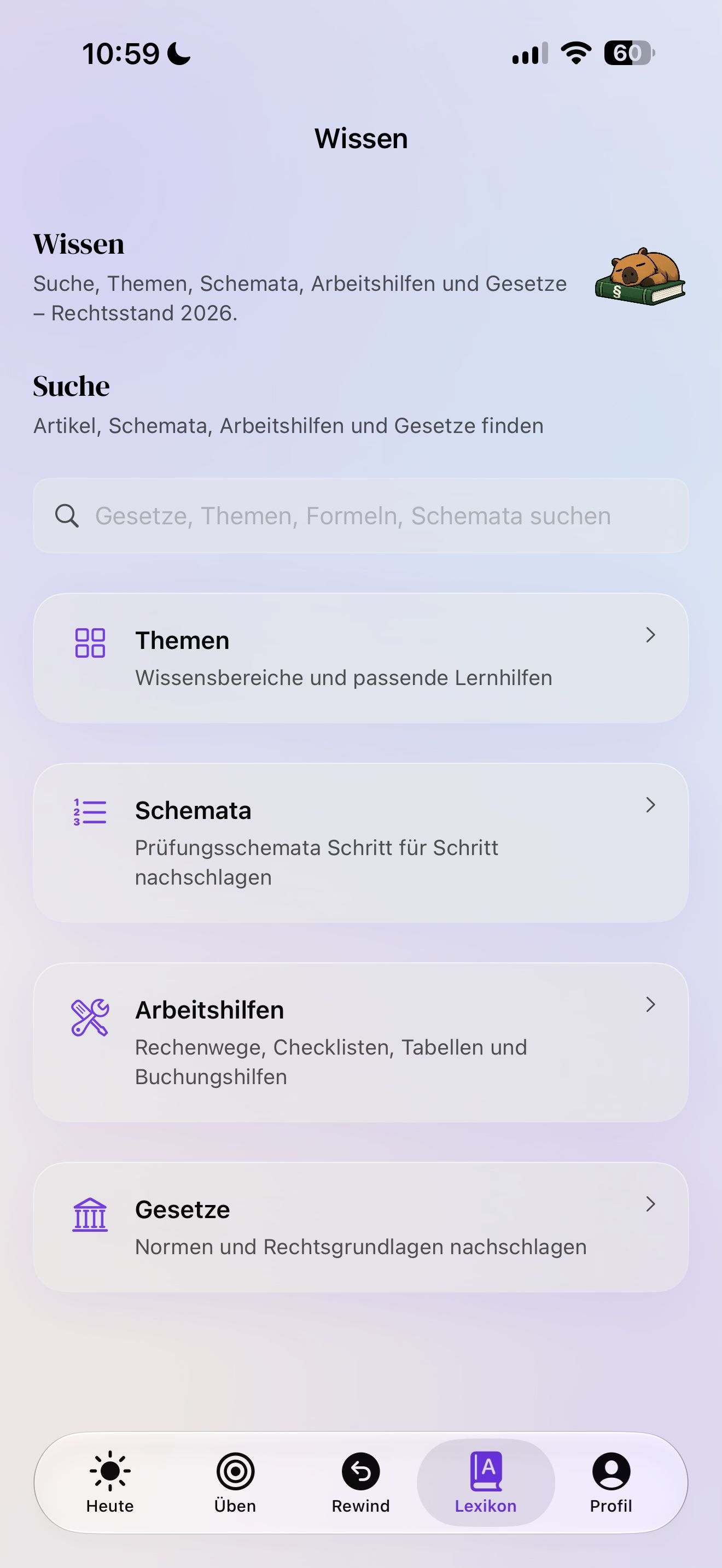 App-Ansicht „Wissen“: Suche sowie Themen, Schemata, Arbeitshilfen und Gesetze zum Rechtsstand 2026