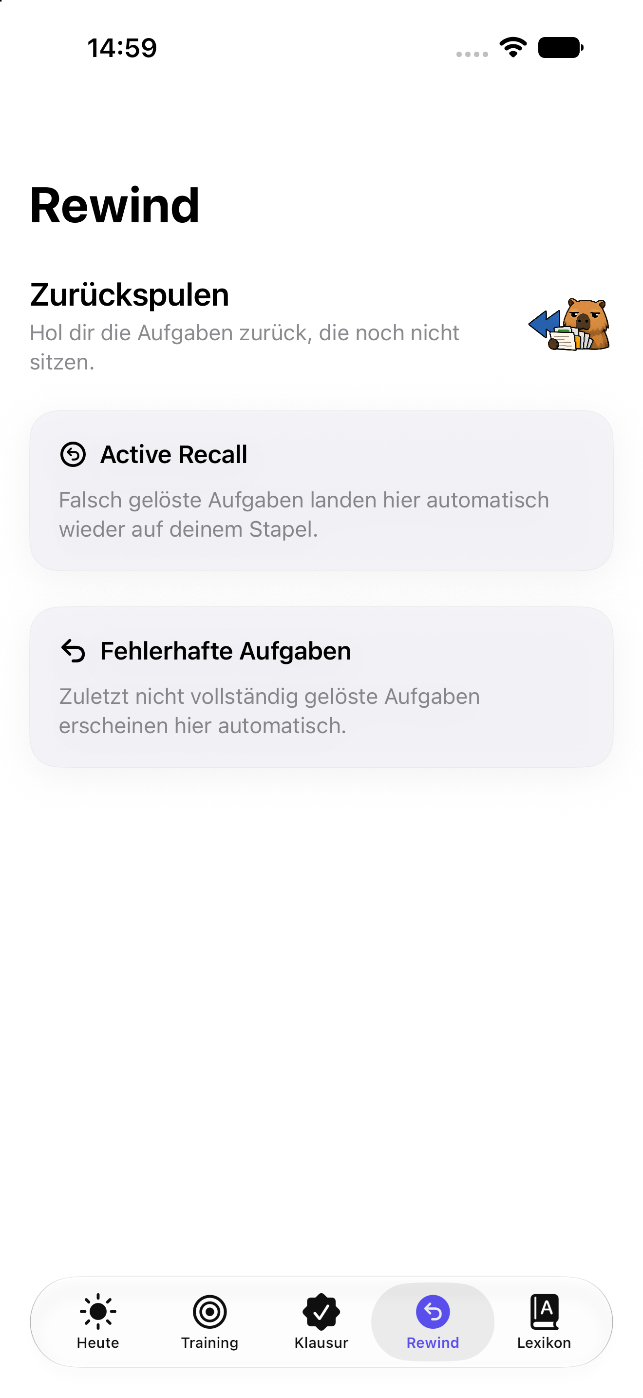 App-Ansicht „Rewind“: Active Recall und automatisch gesammelte fehlerhafte Aufgaben