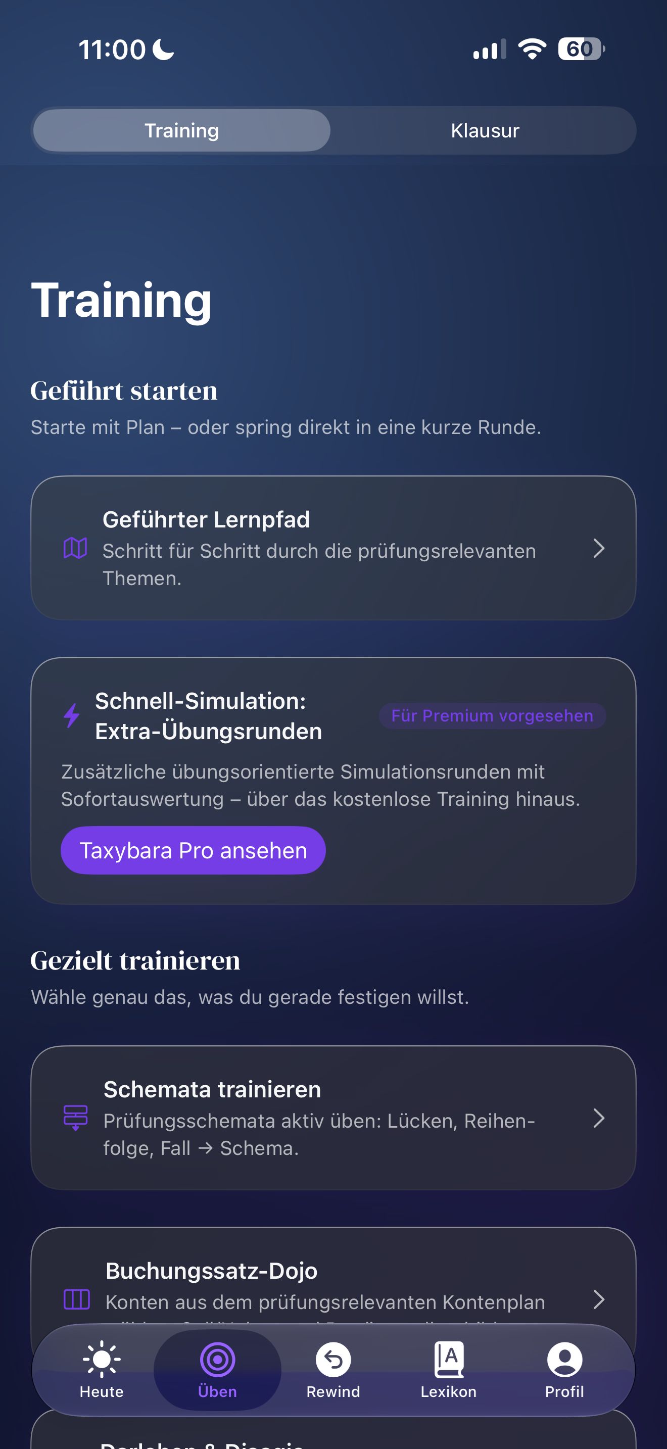 App-Ansicht „Training“: geführter Lernpfad, Schemata trainieren und Buchungssatz-Dojo
