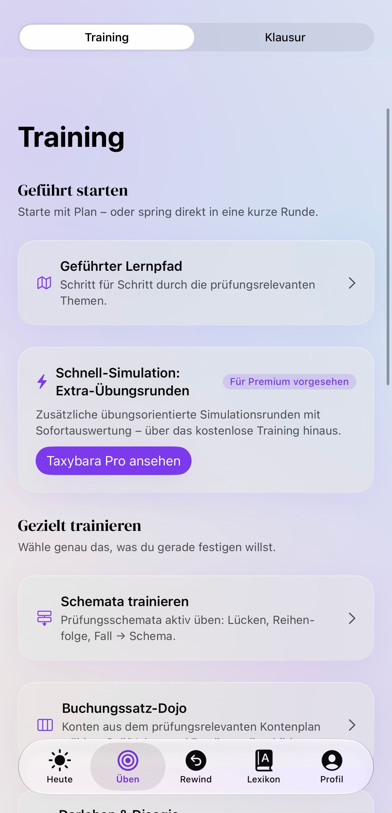 App-Ansicht „Training“: geführter Lernpfad, Schemata trainieren und Buchungssatz-Dojo
