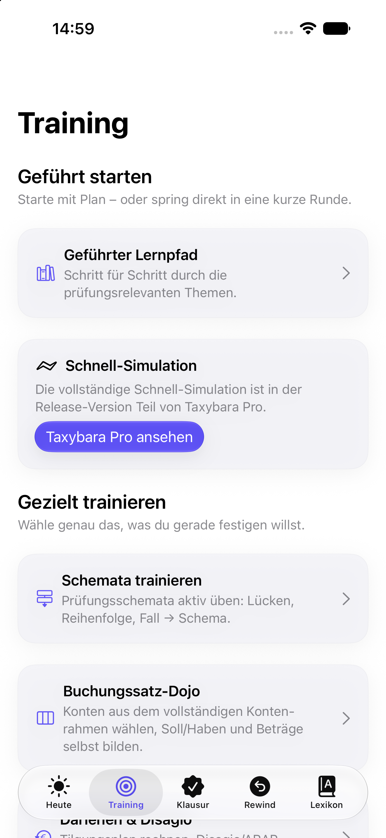 App-Ansicht „Training“: geführter Lernpfad, Schemata trainieren und Buchungssatz-Dojo