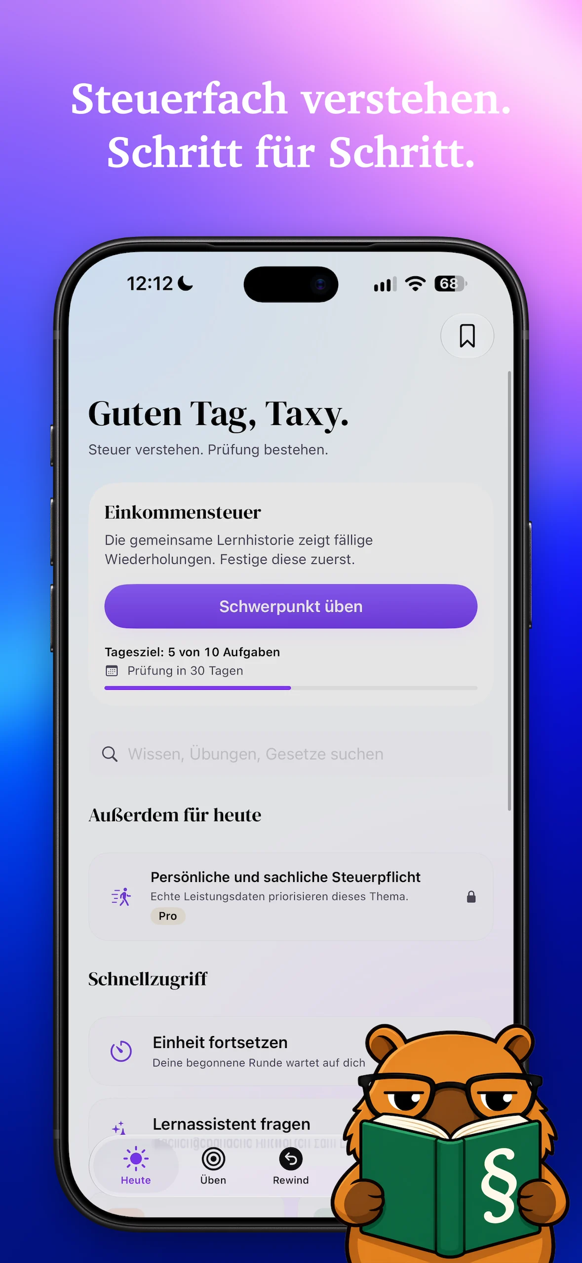 Taxybara Startseite mit Tagesziel, Schwerpunkt und Schnellzugriff