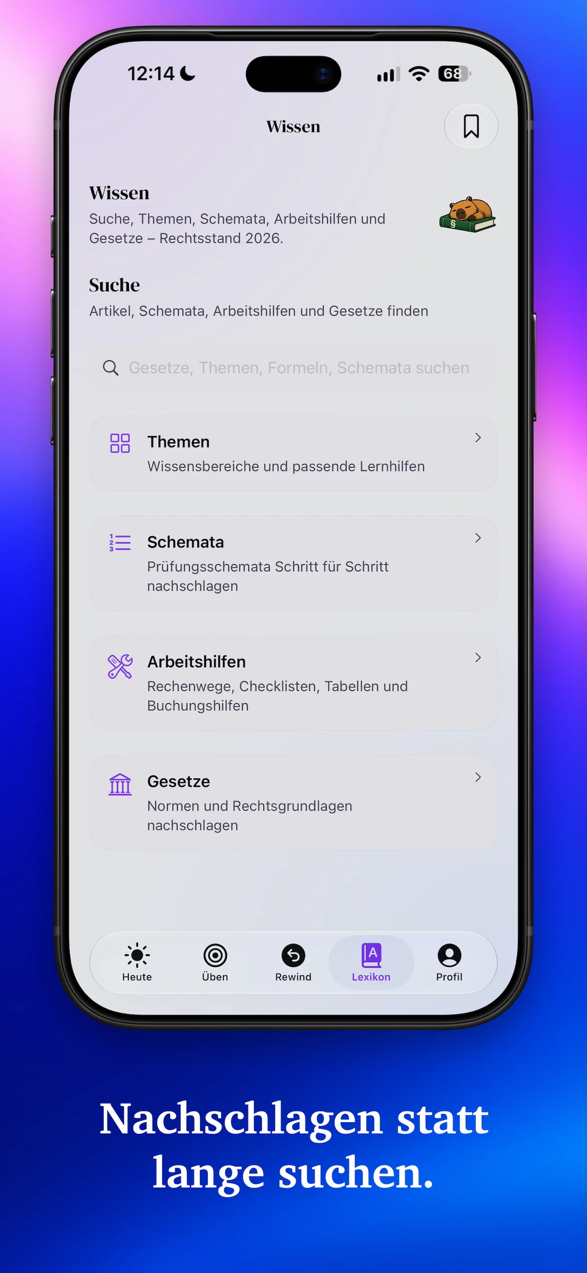 Wissensbereich mit Suche, Themen, Schemata, Arbeitshilfen und Gesetzen