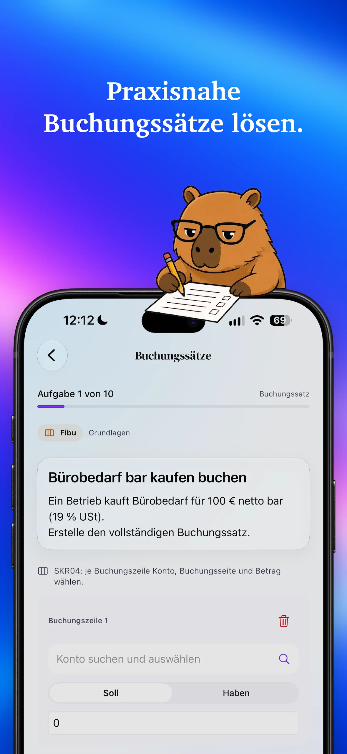 Buchungssatz-Aufgabe mit Kontensuche, Soll und Haben