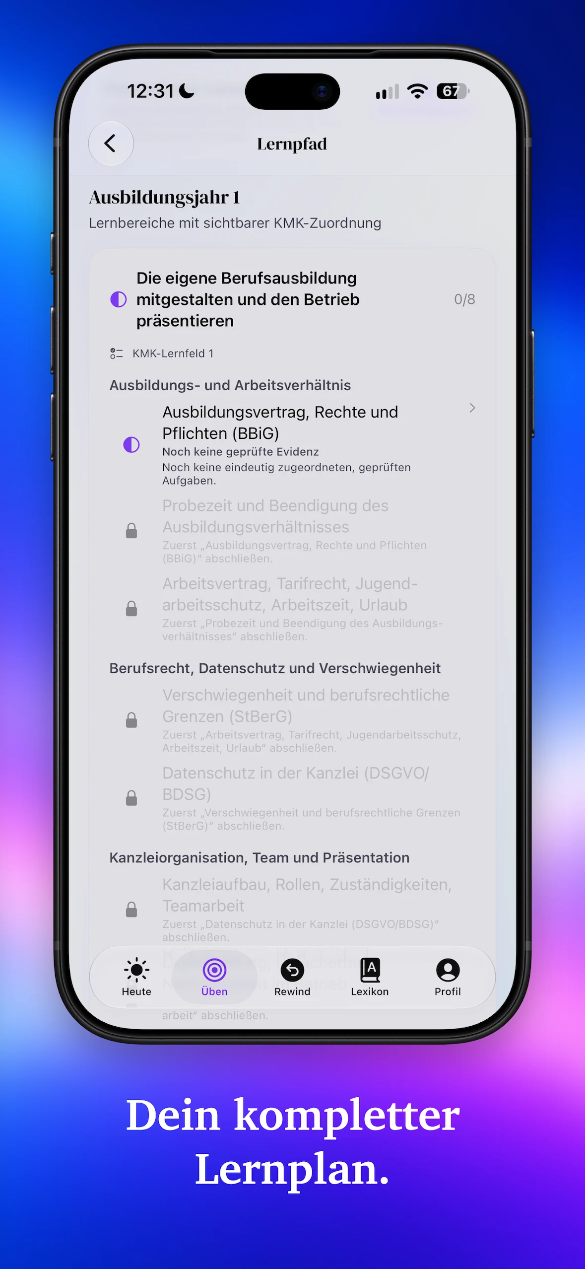 Lernpfad mit Ausbildungsjahr und einzelnen Lektionen