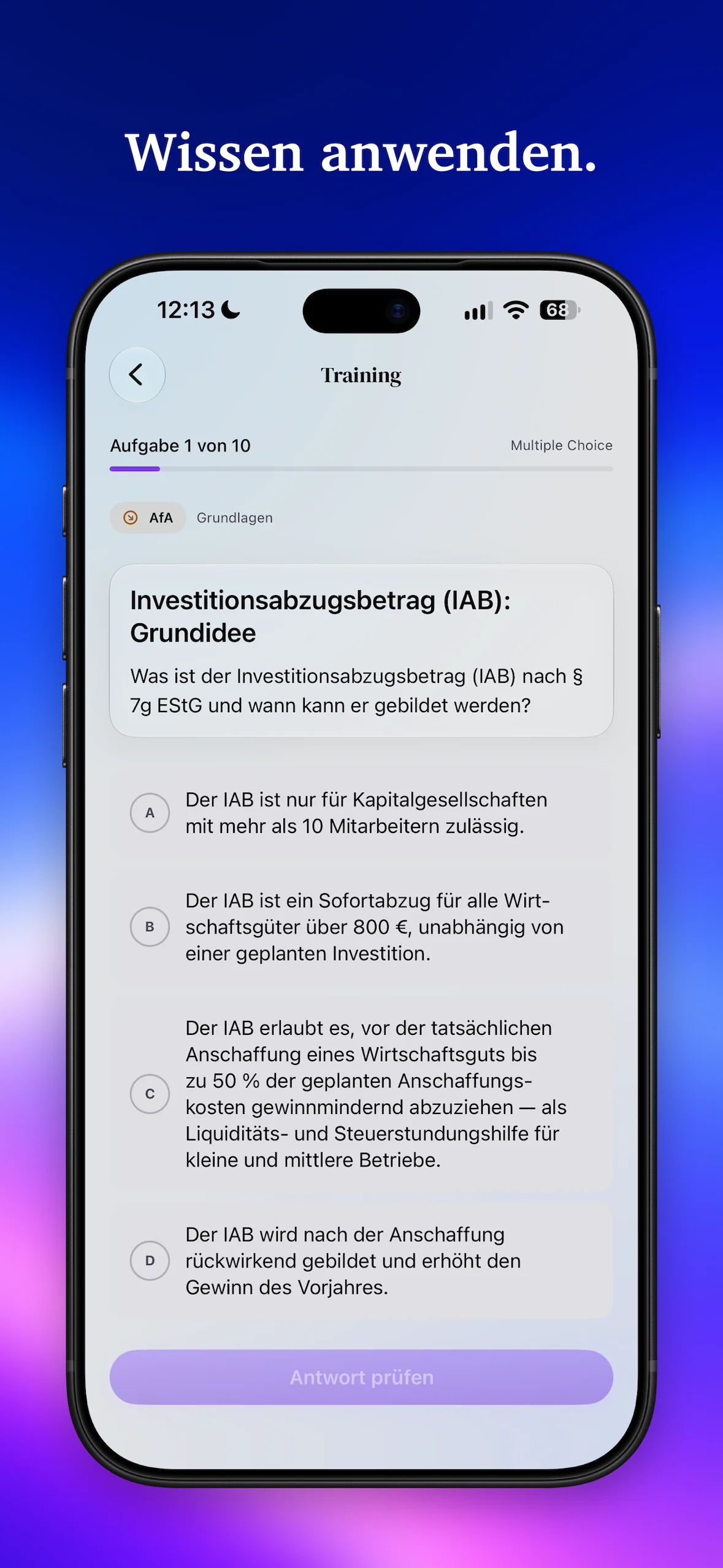 Übungsfrage im Trainingsmodus mit Antwortmöglichkeiten