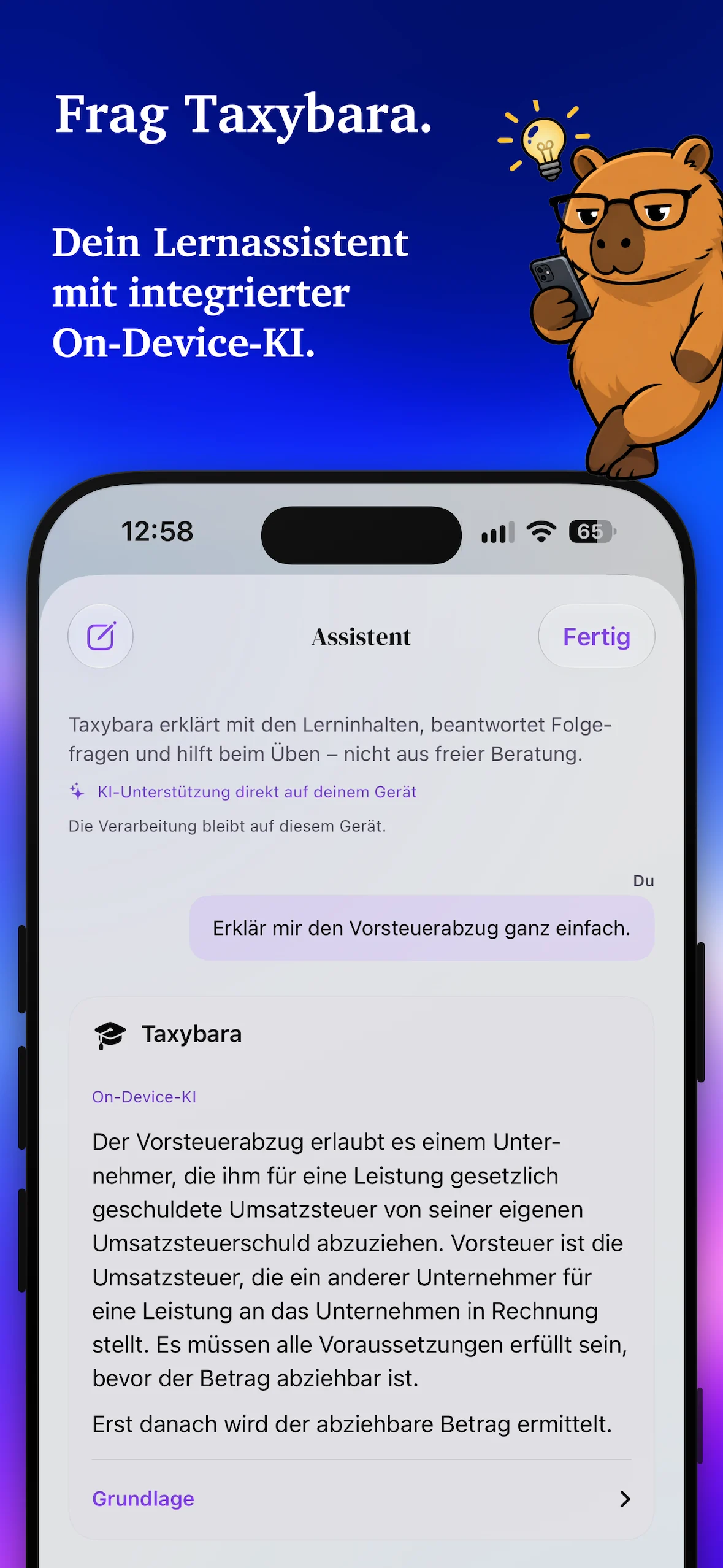 Lern-Assistent mit einer Frage zum Vorsteuerabzug und Quellenhinweis